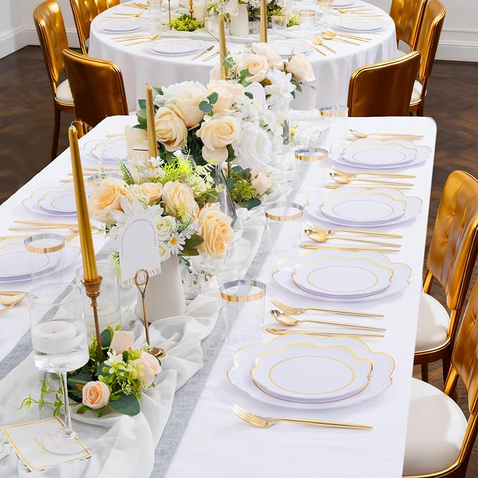 ejonirinjonir EI 180pcs White Plastic Plates with Gold Plastic Silverware,Heavy-Duty Disposable Plates for Party,White Dinnerware Set for 30 Guest Wedding,Afternoon Tea,Spring,Mother's/Valentine's Day