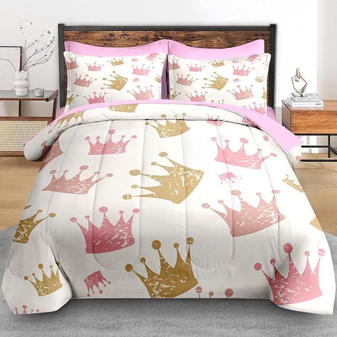Pamnest Comforter Set Full Size, Cute Kids Crown 7 Pcs Bedding for Kids and Adults, Pink Princess Girls Bed Sheet Sets with Fitted Sheet 2 Pillowcase & 2 Sham for Bedroom Bed Decor