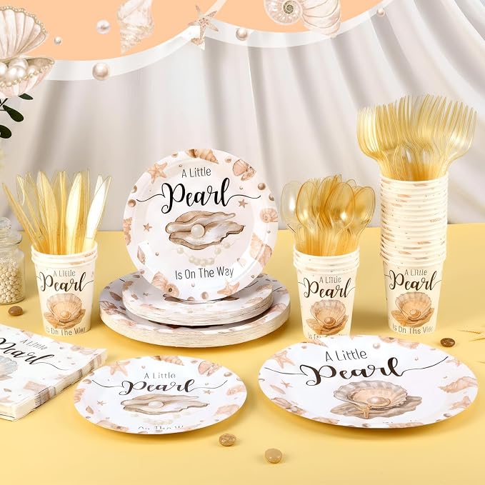168 Pcs A Little Pearl Is on The Way Baby Shower Decorations Under The Sea Baby Shower Decorations Shell Mermaid Ocean Theme Party Decor Gender Reveal Disposable Tableware Set Serve 24