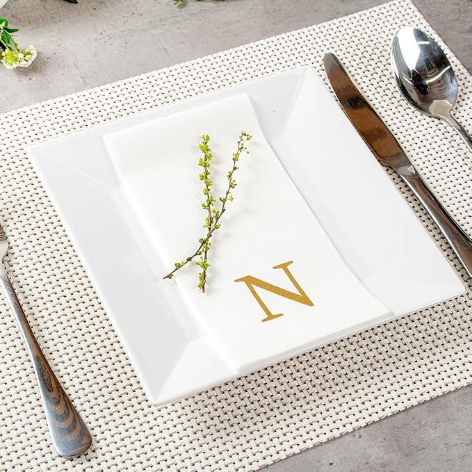 Luxenap 15.8 X 7.9 Inch Linen-Feel Guest Towels, 2000 Lettered Hand Towels - Gold Letter 'N', Sans Serif Font, White Paper Dinner Napkins, airlaid, For Restrooms And Tables