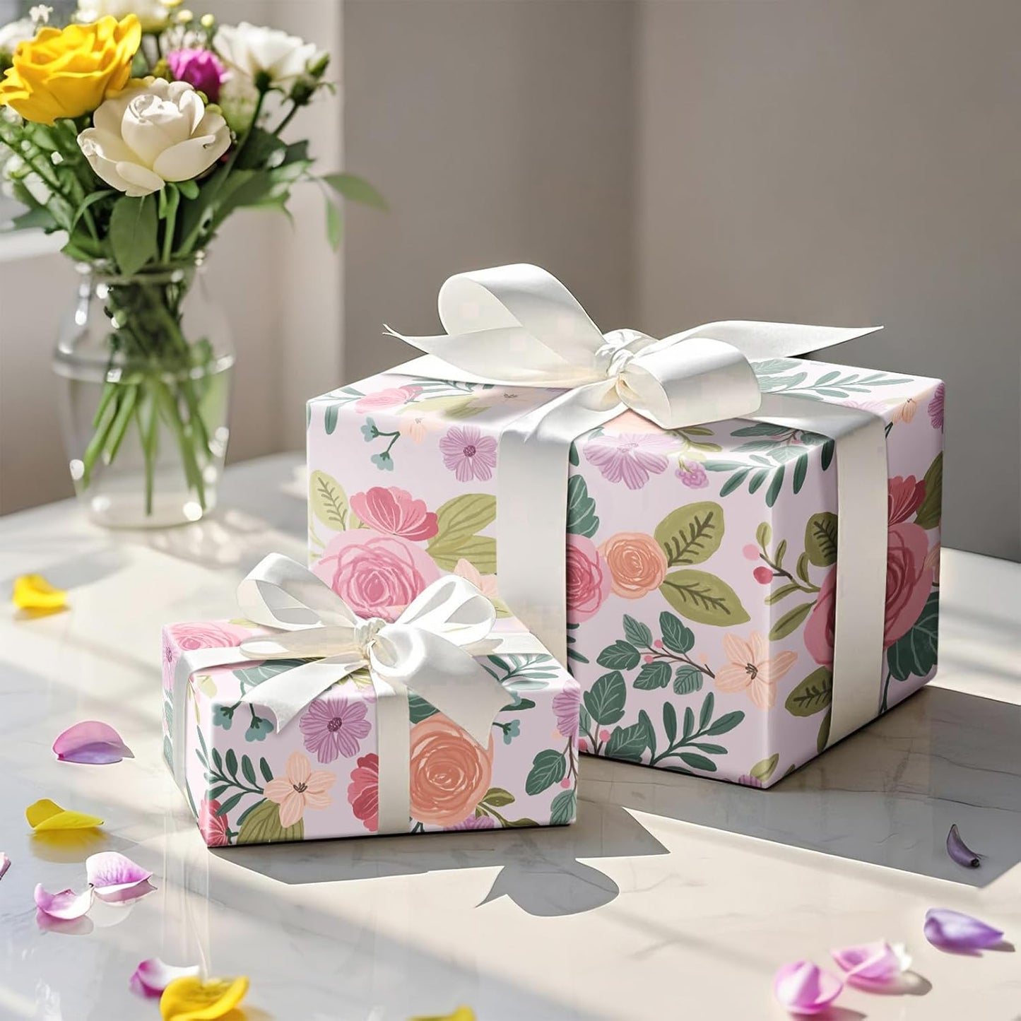RUSPEPA Floral Wrapping Paper Roll for Women Girls, Mini Roll, Watercolor Pink Rose Gift Wrap, Flower and Foliage Paper for Wedding, Birthday, Mother's Day, Spring, Bridal Shower, 17 Inch X 16.4 Feet