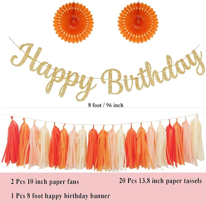Envibe Orange Birthday Decorations, Tissue Paper Pom Poms with Happy Birthday Banner, Boho Tissue Fans Streamers Paper Lantern, 38 Pcs Fall Party Decoration.