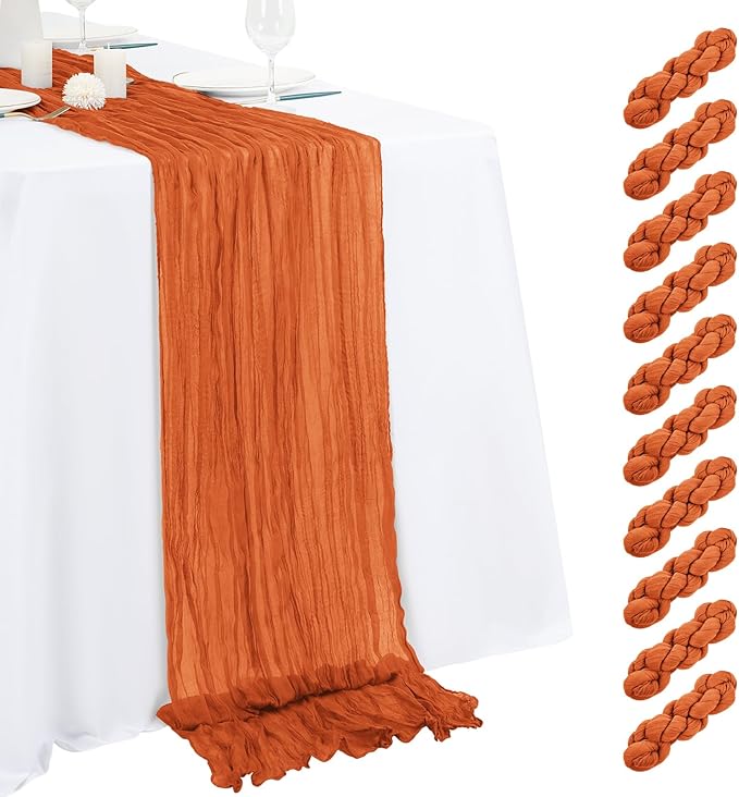 10 Pack Orange Cheesecloth Table Runner 17x108 Inch Semi Sheer Boho Gauze Cheese Cloth Table Runners, for Wedding Bridal Shower Birthday Party Home Decor Garden Farmhouse