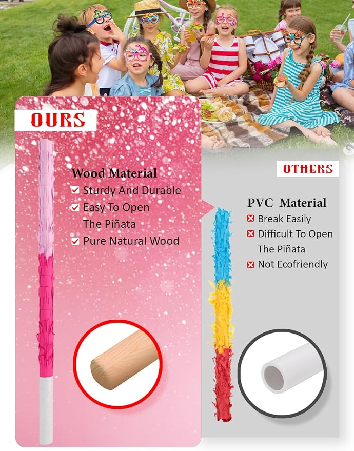 Pink Dinosaur Piñata Girls, Piñata de Dinosaurio para niñas with 12pcs Paper Glasses, Wood Stick, Confetti and Blindfold, Dino Piñata for Birthday Party Decorations（16"x12.6"x3.5"）