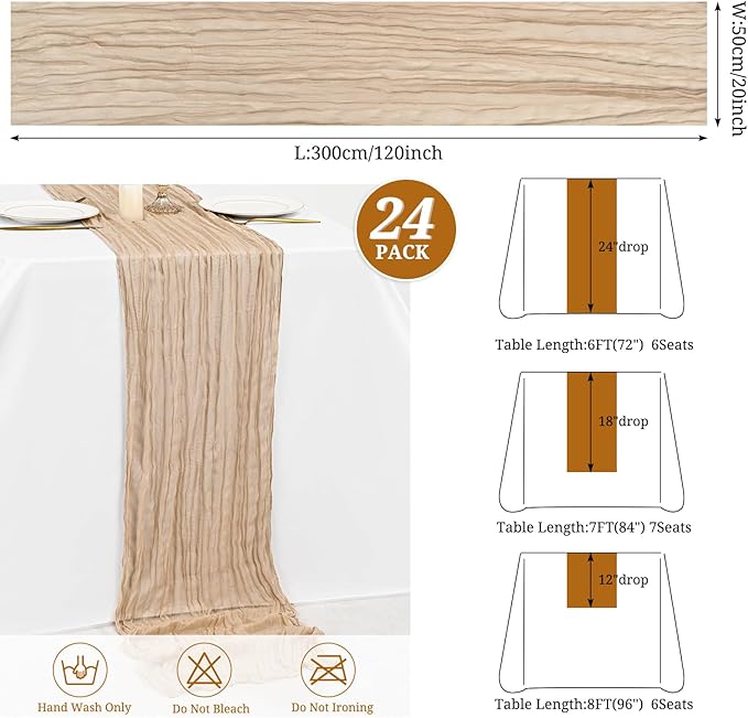 24 Pack Beige Cheesecloth Table Runner,10FT Gauze Boho Long Cheesecloth Table Runners 20x120inch Rustic Cheese Cloth Table Runner for Wedding Party Bridal Shower,Table Decorations
