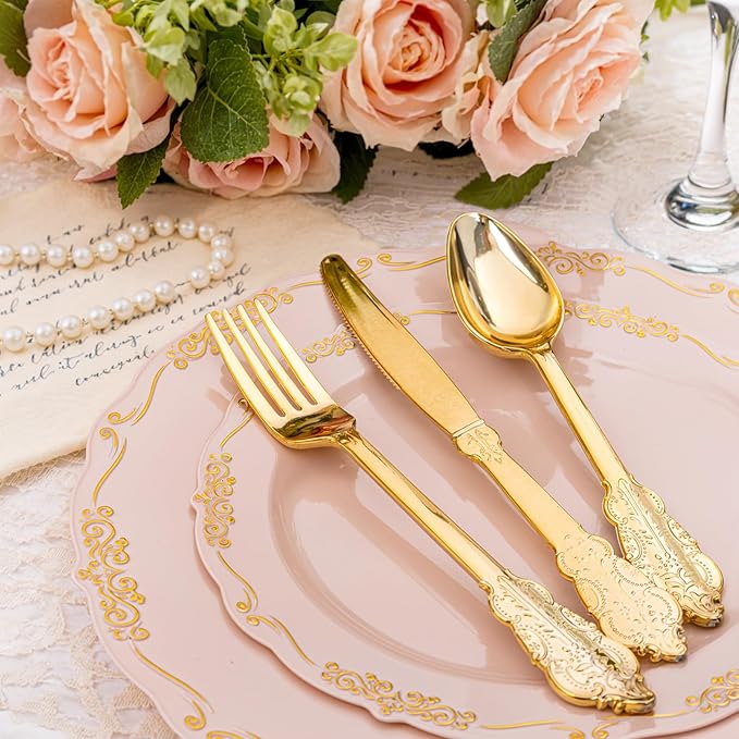 DaYammi 150Pcs Pink Plastic Plates with Gold Rimmed & Gold Silverware,Pink Disposable Plates for Party Include 30 Dinner Plate,30 Dessert Plate,30 Knives,30 Forks,30 Spoons for Mother's Day Party