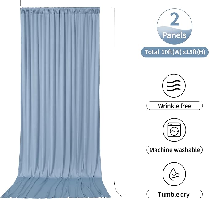 10ftx15ft Dusty Blue Backdrop Curtains for Parties, Wrinkle Free Polyester Photo Backdrop Drapes 2 Panels 15 ft Long Back Drop Cloth Drapery for Wedding Birthday Photography Background Party