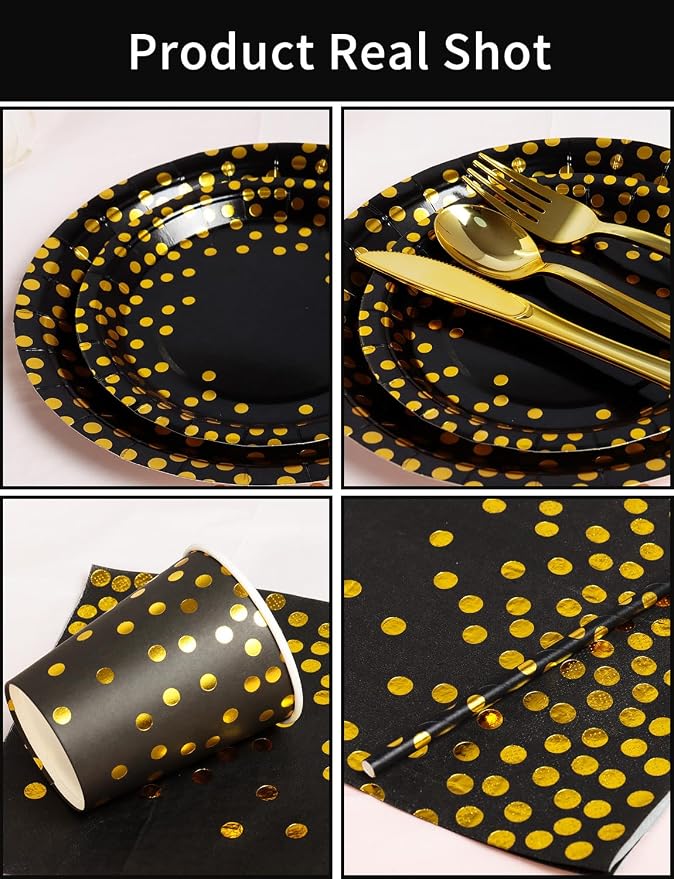 Nkaiso 141 Pieces Black Gold Party Supplies, Disposable Party Decorations Sets Include Paper Plates Napkins Cups, Plastic Forks Knives Spoons, for Baby Shower Birthday Wedding -20 Guests