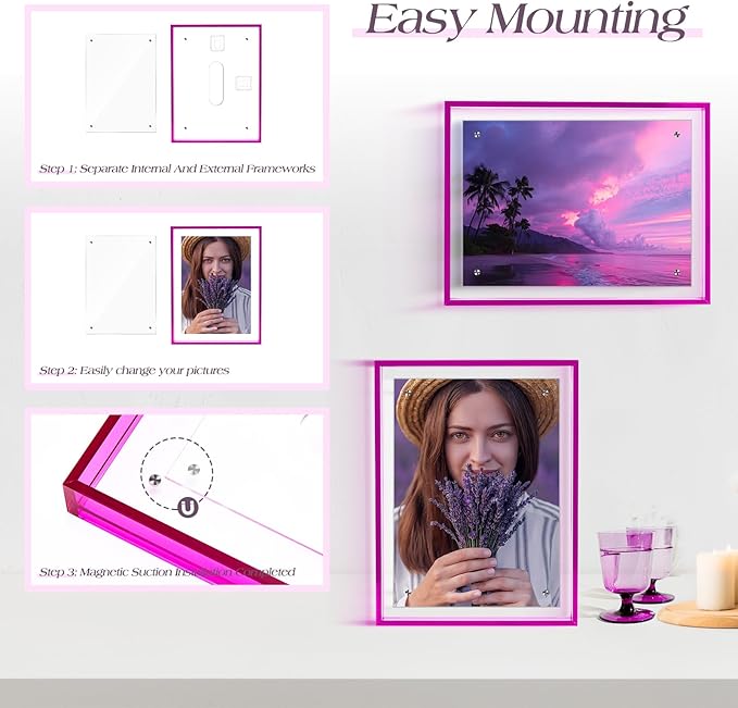 TWING 8x10 Picture Frame, Acrylic Photo Frame Self Standing Magnetic Color Floating Picture Frame Use as 8x10, 8x8, 6x8-Horizontal and Vertical Formats for Wall and Tabletop Display, Purple, 1 Pack