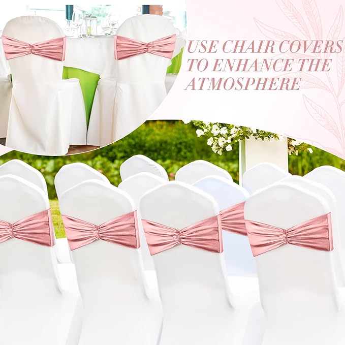 Hahafelt 100 pcs Chair Sashes Shiny Bow Spandex Bands for Chair Wedding Banquet Parties Reception Restaurant Decoration, Rose Gold
