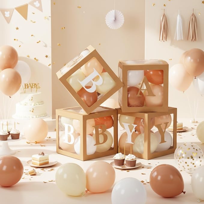 Zhanmai baby Boxes for Bear Baby Shower Decoration with 4 Letters 36 Balloons 4 Transparent Clear Balloon Box Blocks for Boy Girl Gender Reveal Party Favors(Cocoa, Apricot, Ivory, White)