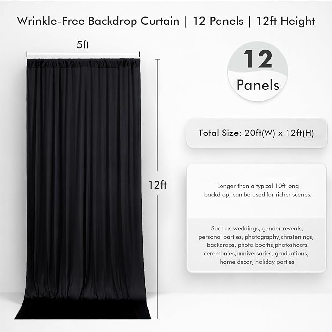 60ftx12ft Wrinkle Free Black Backdrop Curtain, 12 Panels 12FT Height Black Drapes for Wedding, Silky Polyester Photo Back Drop Cloth Draping for Birthday Party Photography Background