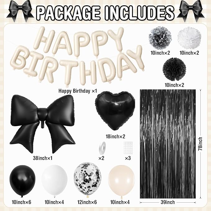 Black Bow Birthday Decorations, Sand White Happy Birthday Balloon Banner with Bow and Heart Foil Balloons Fringe Curtain Tissue Paper Pompoms Garland Party Supplies for Women Girls Boys