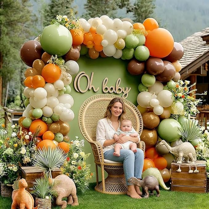 Green Brown Orange Balloon Garland Double Stuffed Sage Green White Sand Cream Balloon Arch Kit for Birthday Baby Shower Dinosaur Woodland Wild One Party Decorations