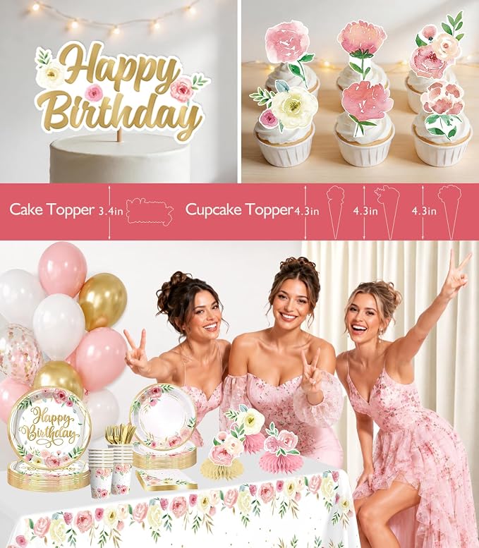175Pcs Floral Birthday Decorations Set - Serves 20 Guests - All-in-One Flower Theme Birthday Party Decorations Kit with Balloons, Banner, Cake Topper, 350gsm Plates, Tablecloths, Backdrop