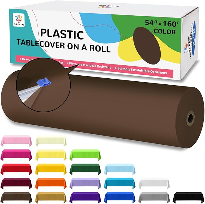 54IN X 160FT Plastic Table Cover Roll with Cutter Box, Cut to Size Plastic Table Cloths for Parties, Birthday, Disposable Tablecloth Roll for All Shape Tables (Brown, 54 Inch X 160 Feet)