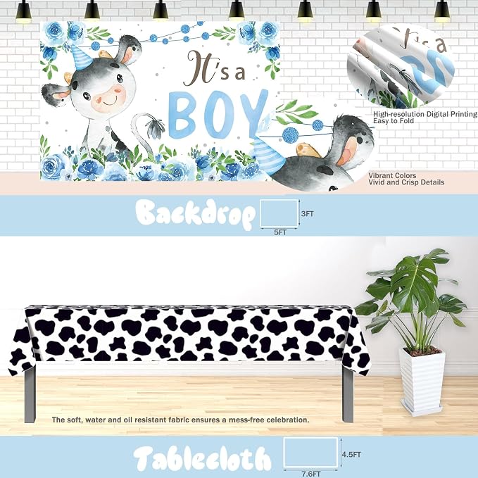 Cow Baby Shower Decorations for Boy, Cow Print Baby Shower Decorations, Blue It’s a Boy Backdrop Balloon Welcome Banner Tablecloth Cake Topper Box Mom To Be Sash