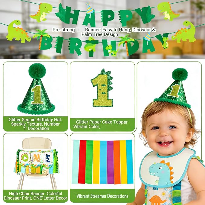 One a Saurus Birthday Decorations-Pre-Strung Happy Birthday Felt Banner Dinosaur 1st Birthday Decorations，Dinosaur Birthday Garland, Highchair Banner for Dino Themed Party Supplies