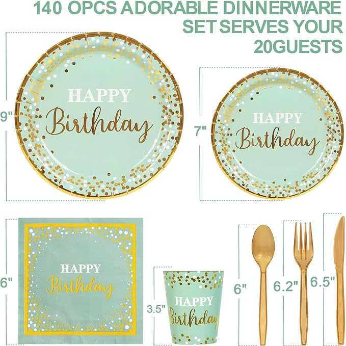 Sage Green and Gold Party Supplies 140 Pieces Happy Birthday Dinnerware - Sage Green Paper Plates, Napkins, Cups, Gold Plastic Forks, Knives, Spoons for Baby Shower Birthday Party Decoration