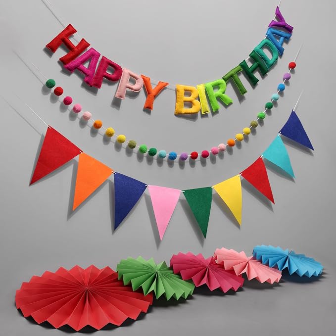 Pre-Strung Happy Birthday Banner, Reusable Felt Birthday Party Decorations, 3D Effect Happy Birthday Sign with Felt Ball Garland, Pennant Flag, Hanging Paper Fans for Men Women Boy Girls (Rainbow)