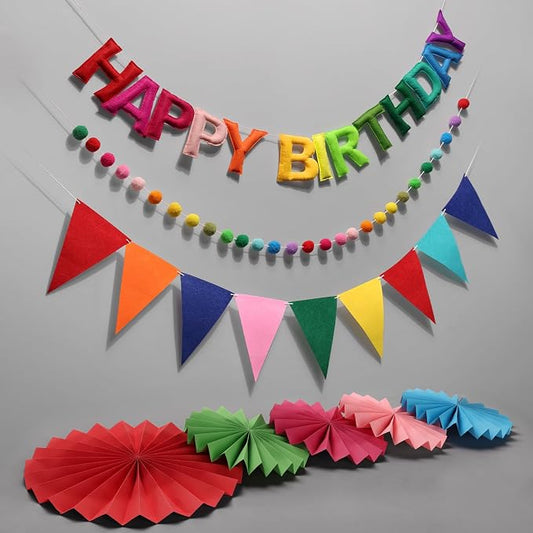 Pre-Strung Happy Birthday Banner, Reusable Felt Birthday Party Decorations, 3D Effect Happy Birthday Sign with Felt Ball Garland, Pennant Flag, Hanging Paper Fans for Men Women Boy Girls (Rainbow)