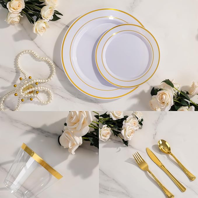 WELLIFE 300 PCS Gold Dinnerware Set for 50 Guests, Gold and White Disposable Plastic Plates for Party, 50 Dinner & Salad Plates, 50 Cups Forks Knives Spoons for Wedding and Party Supplies