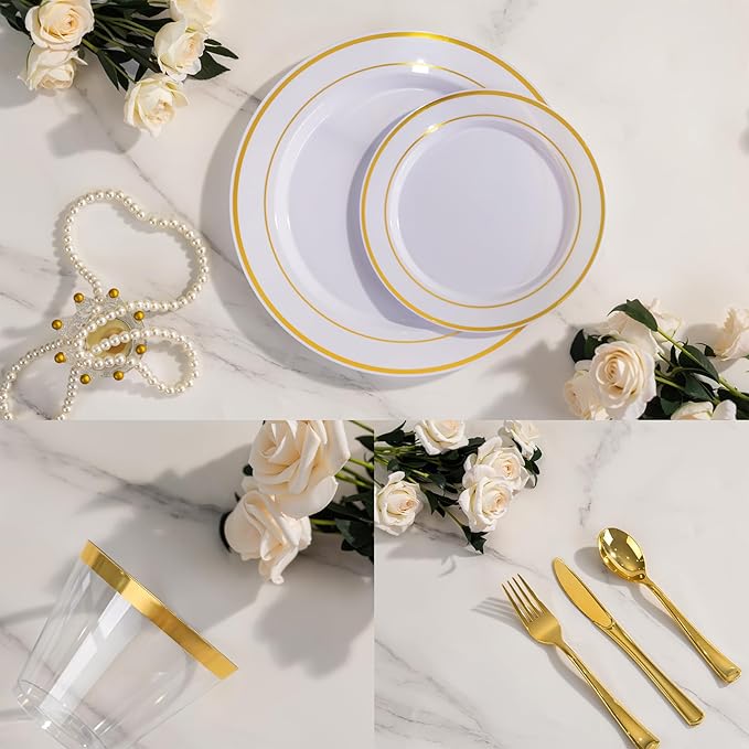 WELLIFE 600 PCS Gold & White Disposable Dinnerware Set for 100 Guests — White Plastic Plates with Gold Rim, Dinner & Salad Plates, Cups, Forks, Knives & Spoons for Weddings & Elegant Events