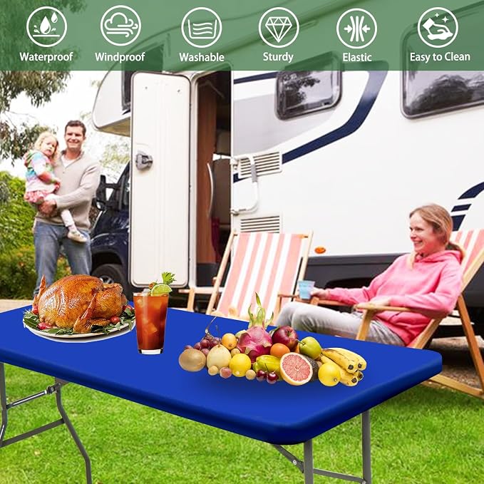 Picnic Table Cover 10 Pack Elastic Fitted Tablecloths for 8 Foot Rectangle Tables Waterproof Stretch Washable Patio Folding Outdoor Spandex Table Cloth Camping Banquet Parties (Royal Blue,30" x 96")