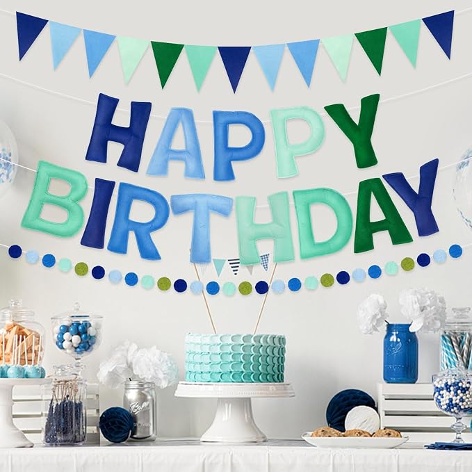 Pre-Strung Happy Birthday Banner - Blue Green Birthday Decorations, 3PCS Felt Birthday Day Sign,Ball Garland,Triangle Bunting,Reusable Colorful Banner for Party Decor Girls Boys Kids Women Men (Blue)