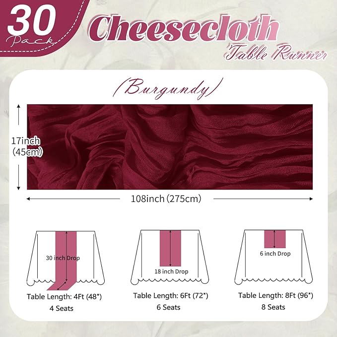 30 Pack Burgundy Cheesecloth Table Runner 17 x 108 inch Cheese Cloth Table Runners 9ft Burgundy Table Runner Rustic Romantic Sheer Gauze Runner for Wedding Party Baby Shower Table Decoration