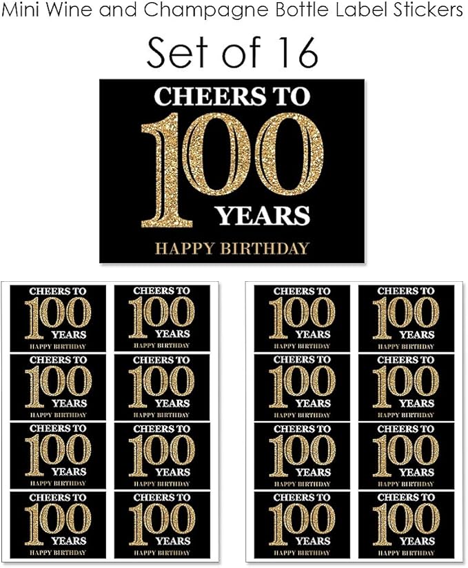 Big Dot of Happiness Adult 100th Birthday - Gold - Mini Wine and Champagne Bottle Label Stickers - Birthday Party Favor Gift for Women and Men - Set of 16