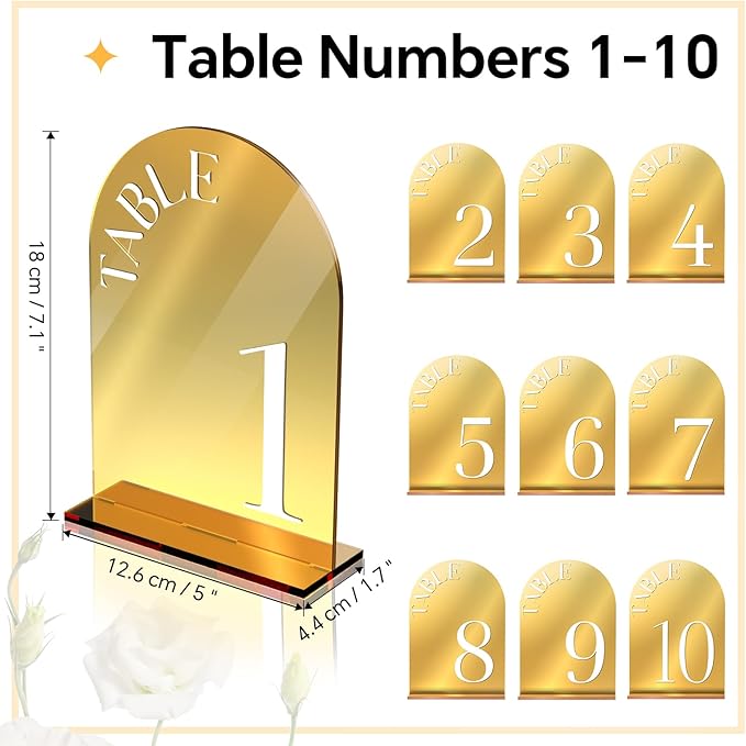 Arched Wedding Table Numbers 1-10 with Stands, 5" x 7" Double-sided Letter, Mirrored Acrylic Number Signs for Wedding Decoration Reception Party (Gold, 1-10)