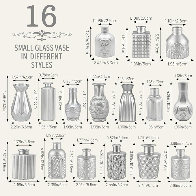 32 PCS Assorted Vintage Bud Vases, Colorful Glass Small Vases Bulk, for Centerpieces, Wedding Table Decor, Home Decorations & Gifts (Silver Srires)