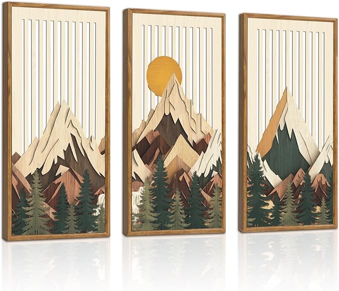 IARTTOP Mountain Sunrise Wall Art Set of 3 Framed Modern Mountain Landscape Decor Forest Pine Tree Wall Decor Nature Wilderness Art Prints for Living Room Bedroom Office 8 x16 Inch