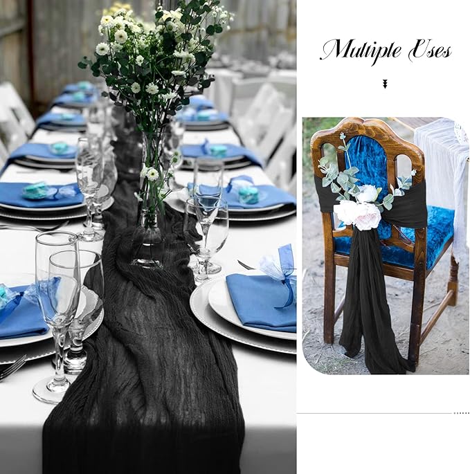 6 Pack Halloween Table Runner 10FT Black Cheesecloth Table Runner 35 x 120 Inch Long Semi-Sheer Gauze Fabric Boho or Rustic Wedding Table Decor for Bridal Shower Baby Shower Holiday Party