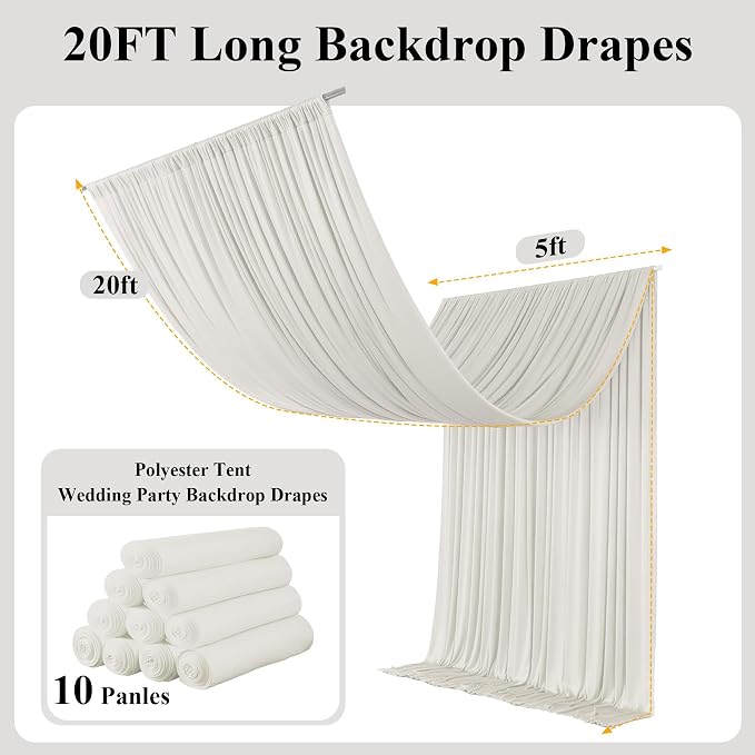 50x20ft Light Beige Ceiling Drapes, 10 Panels 20ft Height Wrinkle-Free Tent Draping Curtains for Wedding Party Tent Canopy Arch Backdrop Decorations