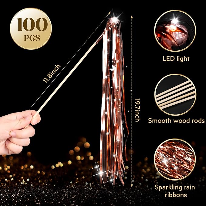 Drixbor 100 PCS Light Up Wedding Wands - LED Tinsel Streamers for Wedding Send Off & Grand Entrance, Party Favors for Weddings Birthdays Christmas (Rose Gold)