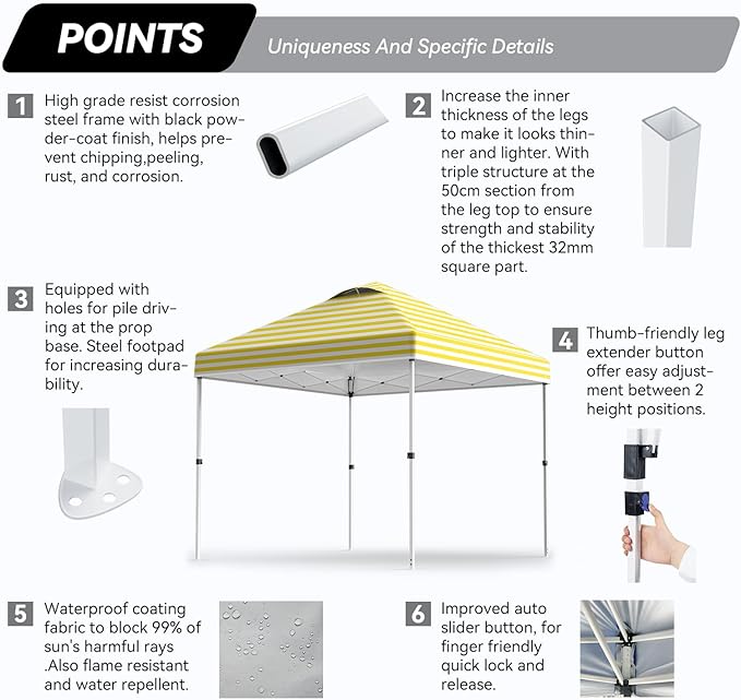 Nazhura 10' x 10' Pop Up Canopy with Sand Weight Bag, Awing for Patio, Freestanding Sun Shelter for Picnic and Camping, One Person Setup, White (Yellow Stripe)