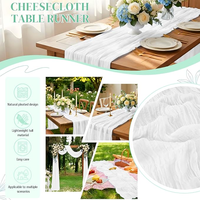 6 Pack White Cheesecloth Table Runner 21x120 Inches, Boho Gauze Rustic Semi Sheer Cheese Cloth Table Runners for Easter Wedding Bridal Baby Shower, Birthday Party, Long Farmhouse Table Decor
