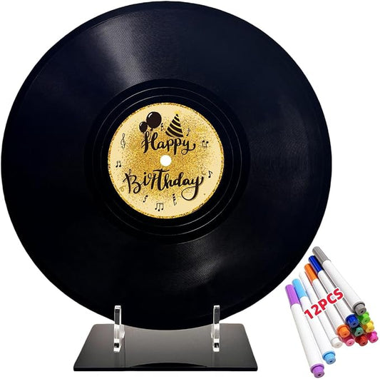ReeGii Vinyl Record Guest Book for Birthday Decorations - Large 11.6"x11.6" Birthday Party Sign Poster with 12 Pens,Unique Keepsake Gift for Friends and Family