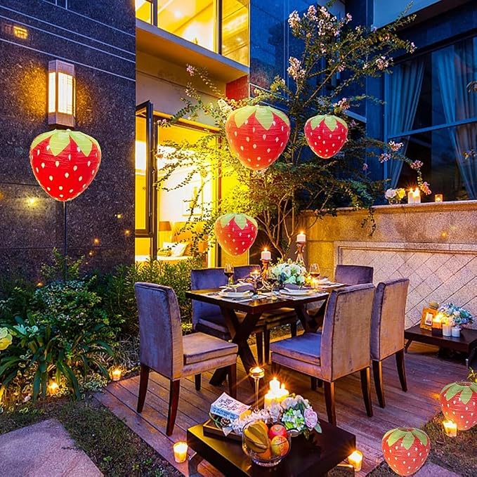 Folding Strawberry Paper Lantern Reusable Hanging Ornament Lamp Cover for Fruit Theme Birthday Party Decoration Supplies (8 and 12 inches;8pcs)
