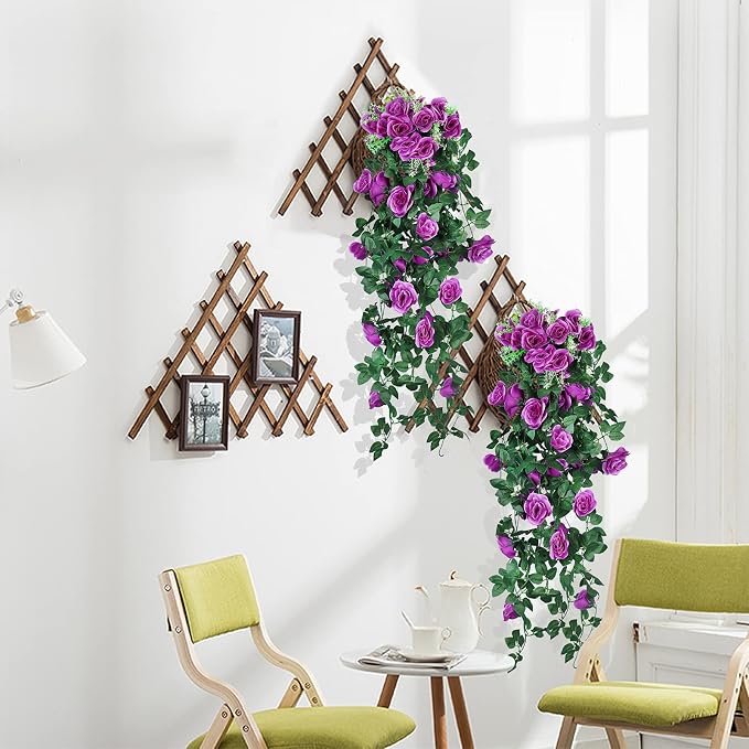 RECUTMS 2PCS Artificial Hanging Rose Flower Plants, 37 Inch Purple Fake Silk Floral Ivy Garlands for Outdoors Home Room Garden Front Porch Wedding Arch Bridal Shower Easter Indoor Party Greenery Decor