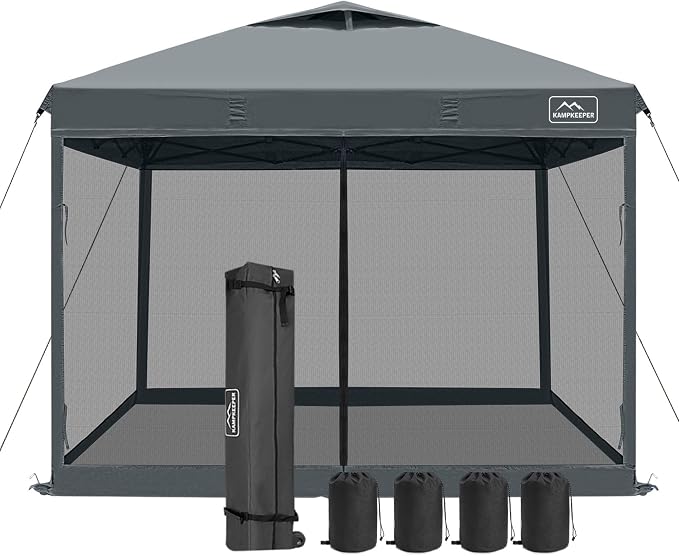 KAMPKEEPER 10x10 Pop-Up Canopy Tent, Waterproof Portable Shade with Screen Walls, Adjustable Instant Outdoor Shelter for Camping, Backyard, and Events, Dark Grey