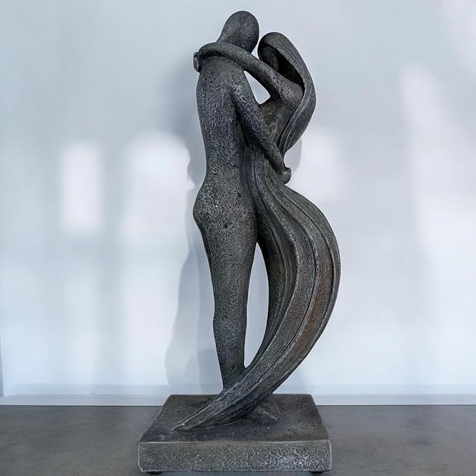 Top Brass Eternal Embrace Romantic Couple Sculpture – 12 1/2” Resin Lovers Statue (Graphite Kiss & Moon-wash Limestone) – Modern Home Décor Wedding Anniversary Love Art (Graphite Kiss)