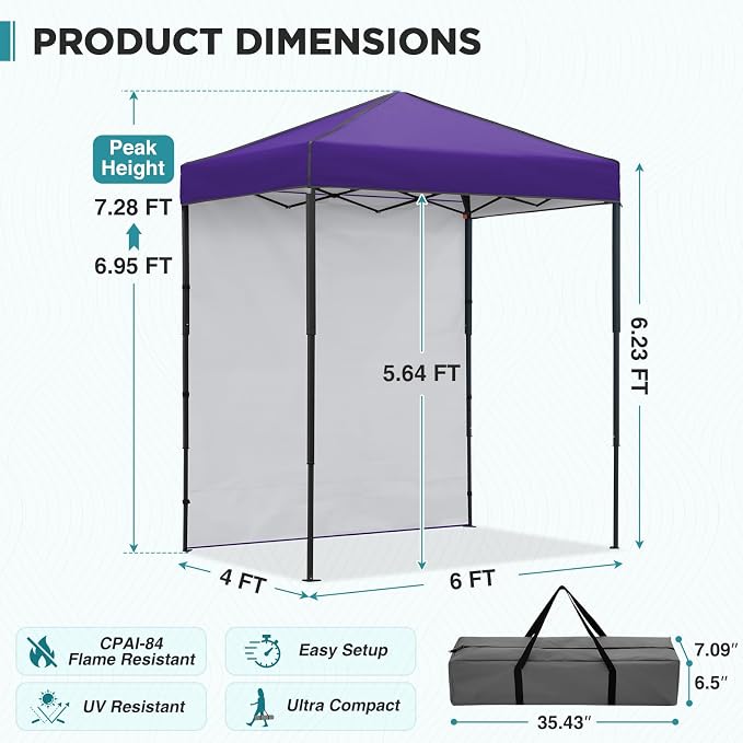 EAGLE PEAK 6x4 Instant Pop Up Canopy Tent with 1 Side Wall Panel, Straight Leg Sun Shelter, Portable Canopy with Carry Bag for Camping, Beach & Sports, Purple