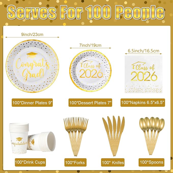 700pcs Class of 2026 Graduation Plates and Napkins Set, Disposable Paper Plate Set Polka Dots Napkins Cups Knife Fork Spoon for Graduation Party Decorations and Supplies,Serve 100 (White Gold)