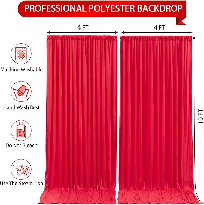 Red Backdrop Curtains 2 Panels-Wrinkle-Free Polyester Photography Drapes Party Photo Backgrounds for Wedding Christmas Photo Backdrops- 8 X10FT (Red)
