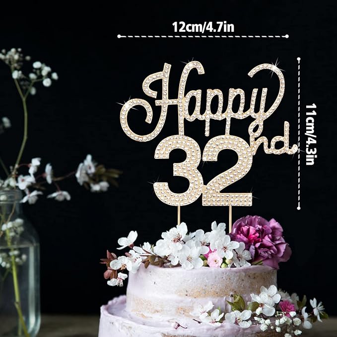 LINGTEER Happy 32nd Birthday Gold Rhinestone Cake Topper - Cheers to 32nd Birthday 32 Years Old Anniversary Party Cake Centerpieces Topper Decorations Gift Sign.