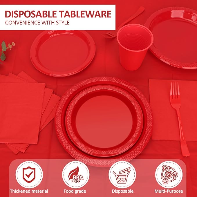 Red Plastic Plates for Party - 30 Guest 9" Dinner Plates & 7" Dessert Plates,12 oz Cups,Napkins,Forks,Disposable Plastic Tableware for Birthday,BBQ,Christmas