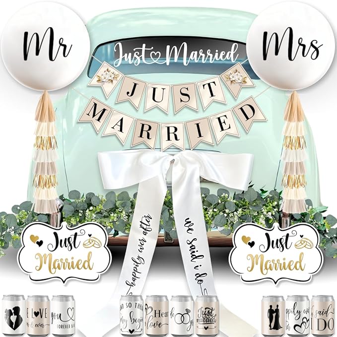 33 Pc Just Married Car Decorations – Wedding Reception & Ceremony Decor – Banners, Stickers & Balloons – Elegant Reusable Wedding Car Kit – Weather-Resistant & Easy to Apply – No Residue